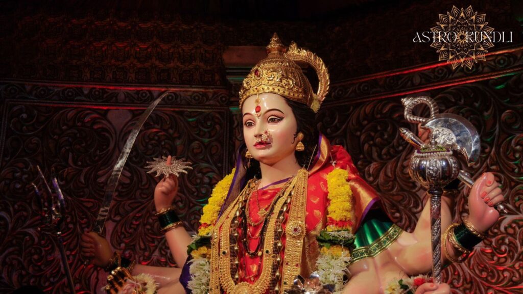 close up shot of goddess chandraghanta statue during navratri with text Navratri Day 3 Honouring Maa Chandraghanta
