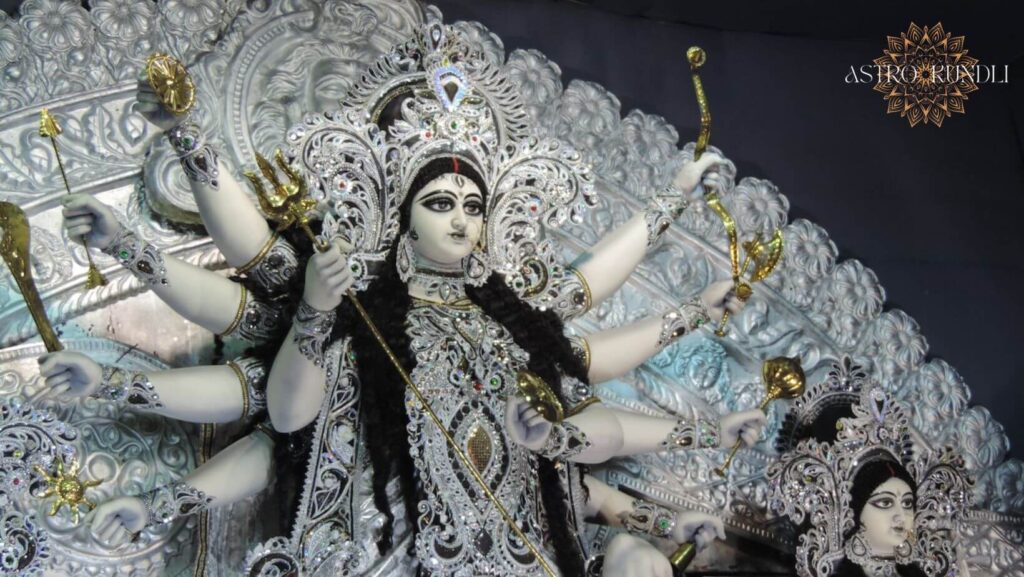 photo of goddess mahagauri statue with text Navratri Day 8 Dedicated to Maa Mahagauri