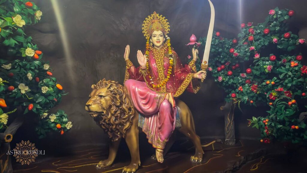 photo of goddess katyayani statue during navratri with text Navratri Day 6 How to Celebrate Maa Katyayanis Day